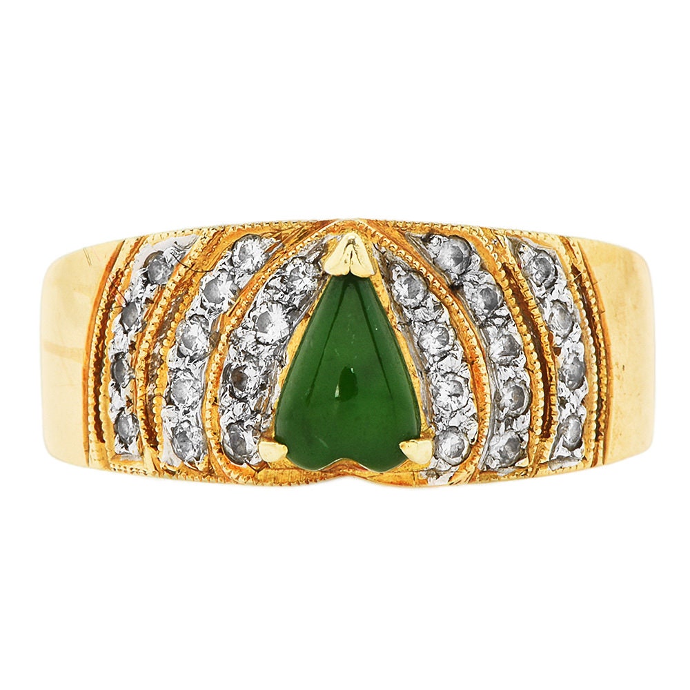 Cabochon Cut Heart Shaped Jadeite Jade Ring in White and Yellow Gold with Diamonds