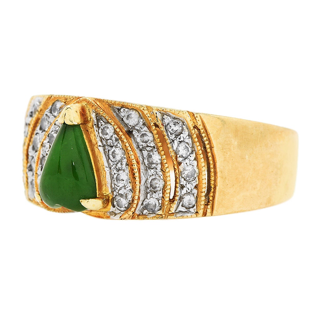 Cabochon Cut Heart Shaped Jadeite Jade Ring in White and Yellow Gold with Diamonds