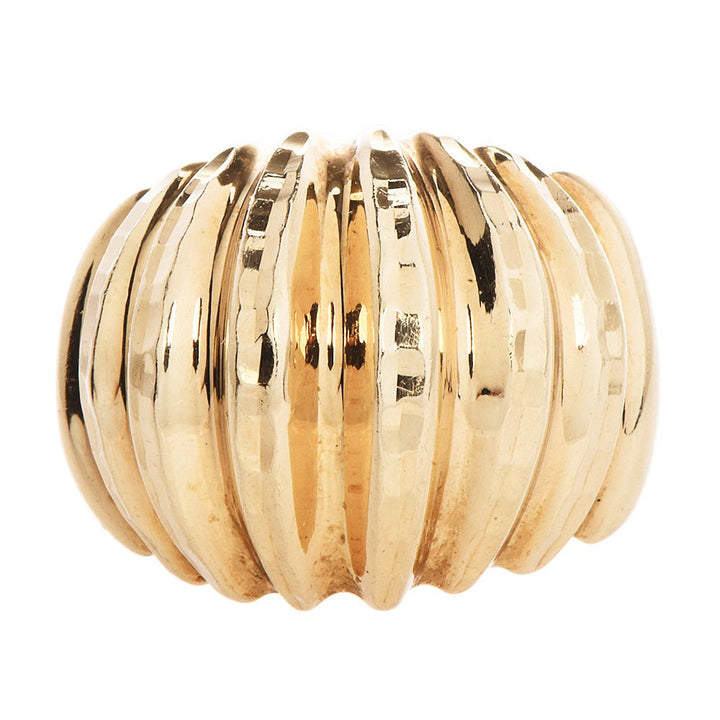 Large 10K Yellow Gold Ribbed Shell Style Dome Ring