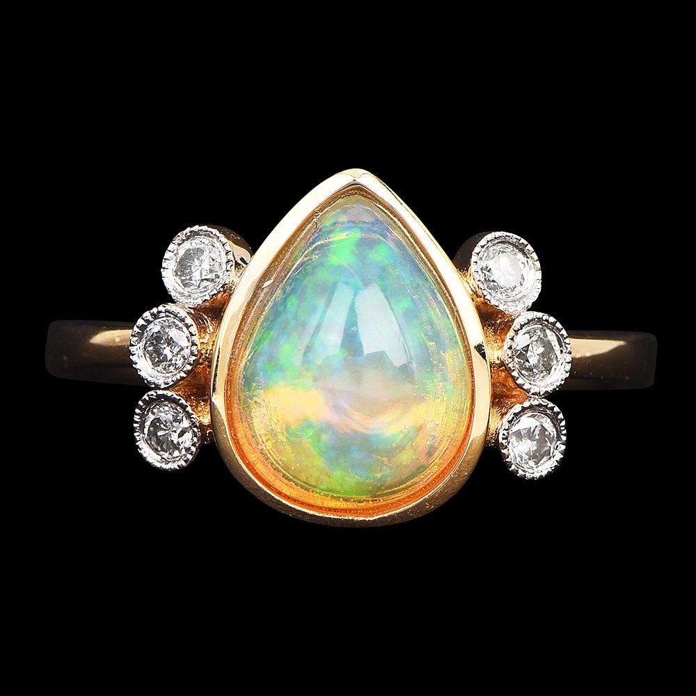 Vintage Oscar Friedman Pear Cut Opal and Diamond Ring in Yellow Gold