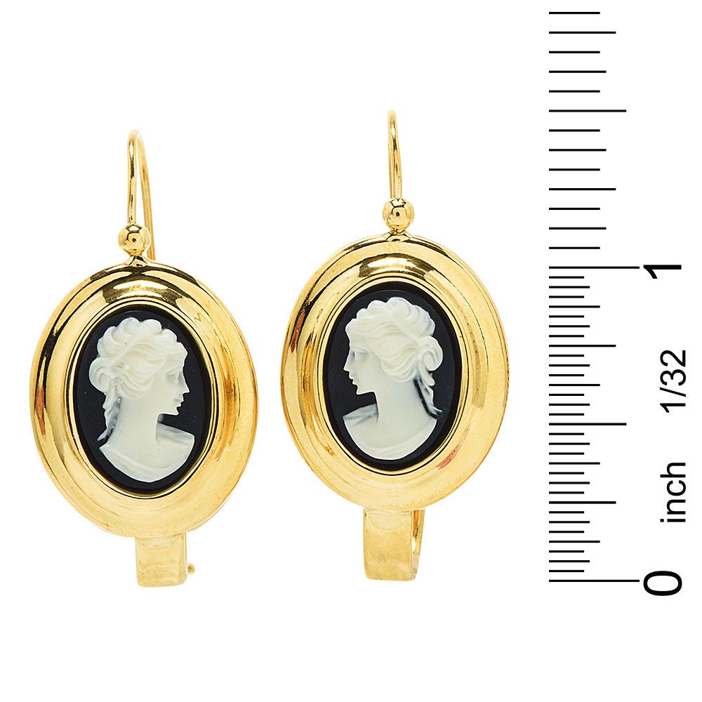Vintage Italian Black Shell Cameo Drop Earrings by Muraro in 18K Yellow Gold