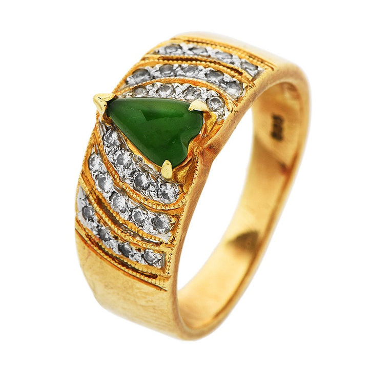 Cabochon Cut Heart Shaped Jadeite Jade Ring in White and Yellow Gold with Diamonds