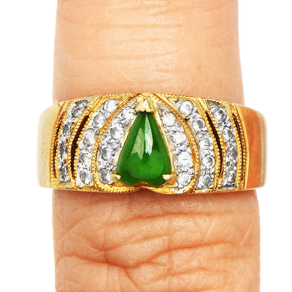 Cabochon Cut Heart Shaped Jadeite Jade Ring in White and Yellow Gold with Diamonds