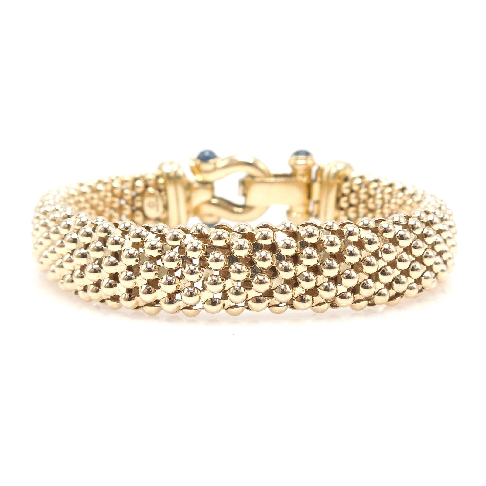 7.5" 14K Yellow Gold Textured Ball Bracelet with Diamond and Sapphire Foldover Box Clasp