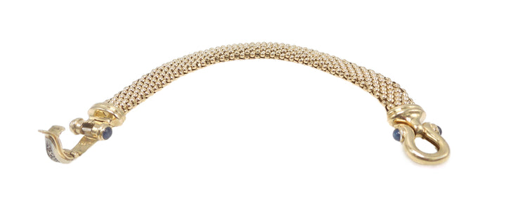 7.5" 14K Yellow Gold Textured Ball Bracelet with Diamond and Sapphire Foldover Box Clasp