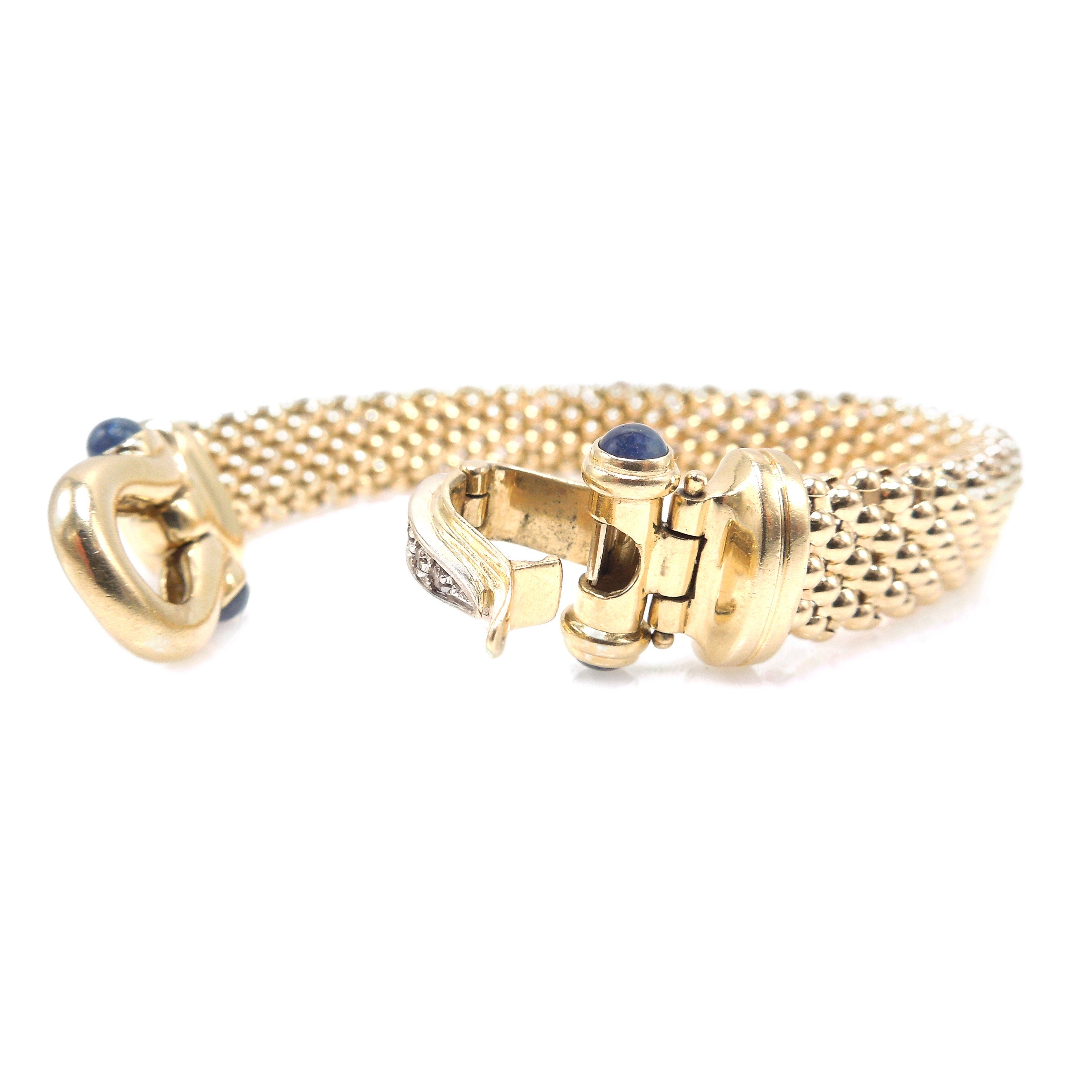 7.5" 14K Yellow Gold Textured Ball Bracelet with Diamond and Sapphire Foldover Box Clasp