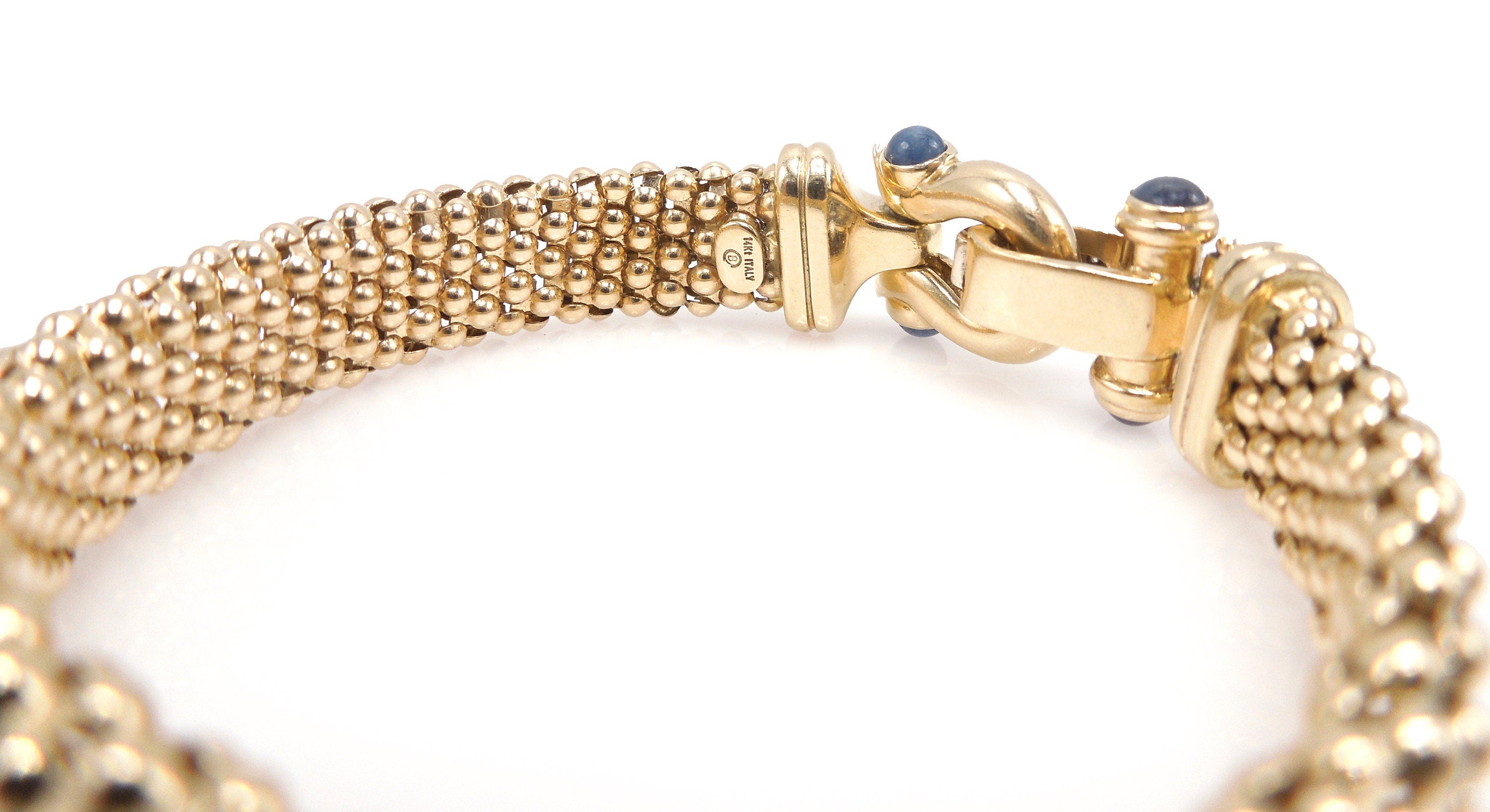 7.5" 14K Yellow Gold Textured Ball Bracelet with Diamond and Sapphire Foldover Box Clasp
