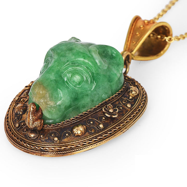 Carved Jade Rams Head Etruscan Revival Mourning Locket in 18K Yellow Gold