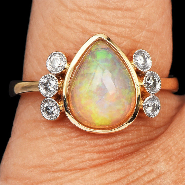 Vintage Oscar Friedman Pear Cut Opal and Diamond Ring in Yellow Gold