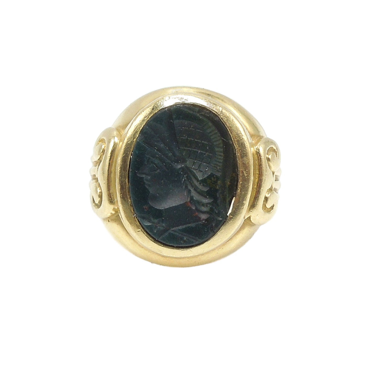 Classical Greek Style Carved Bloodstone Intaglio Ring with Athena in 18K Yellow Gold