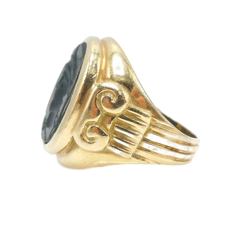 Classical Greek Style Carved Bloodstone Intaglio Ring with Athena in 18K Yellow Gold