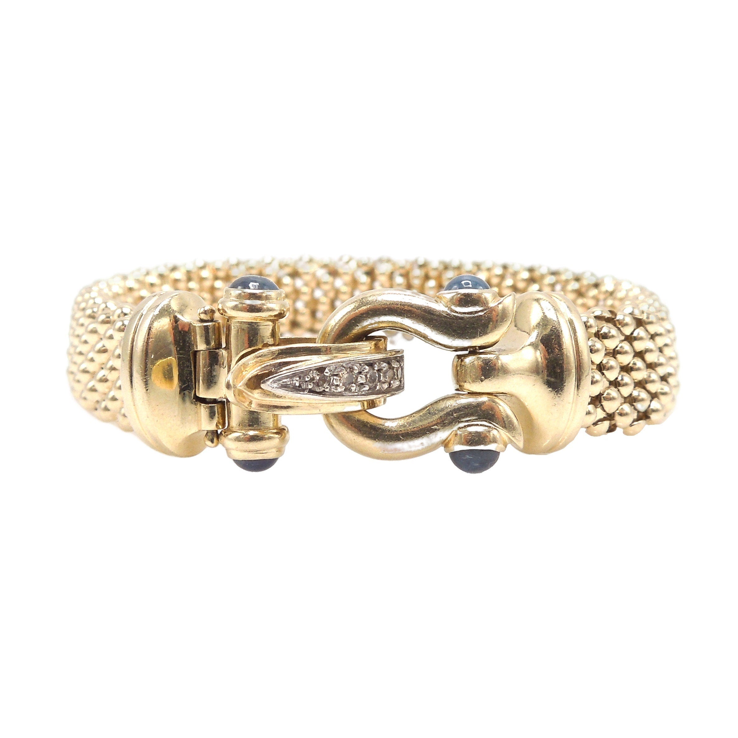 7.5" 14K Yellow Gold Textured Ball Bracelet with Diamond and Sapphire Foldover Box Clasp
