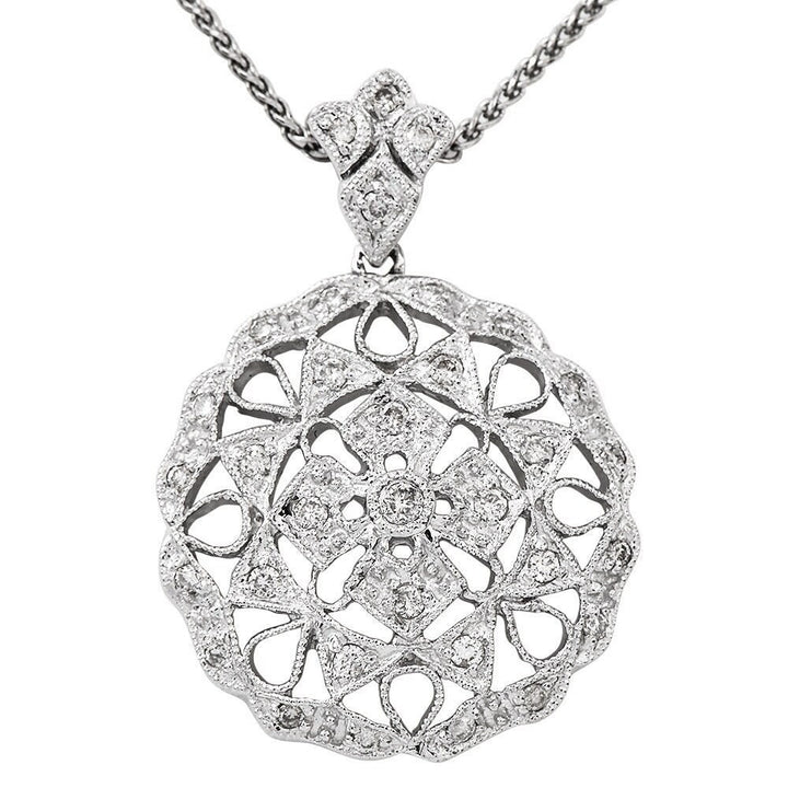 Vintage Italian White Gold & Diamond Cruciform and Floral Themed Necklace