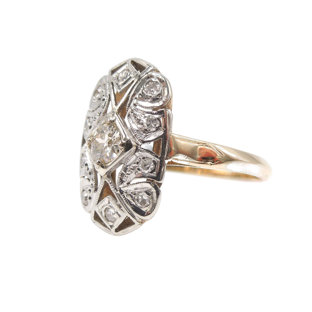 Yellow and White Gold Filigree Navette Diamond Engagement Ring