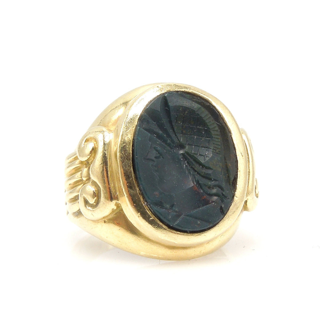 Classical Greek Style Carved Bloodstone Intaglio Ring with Athena in 18K Yellow Gold