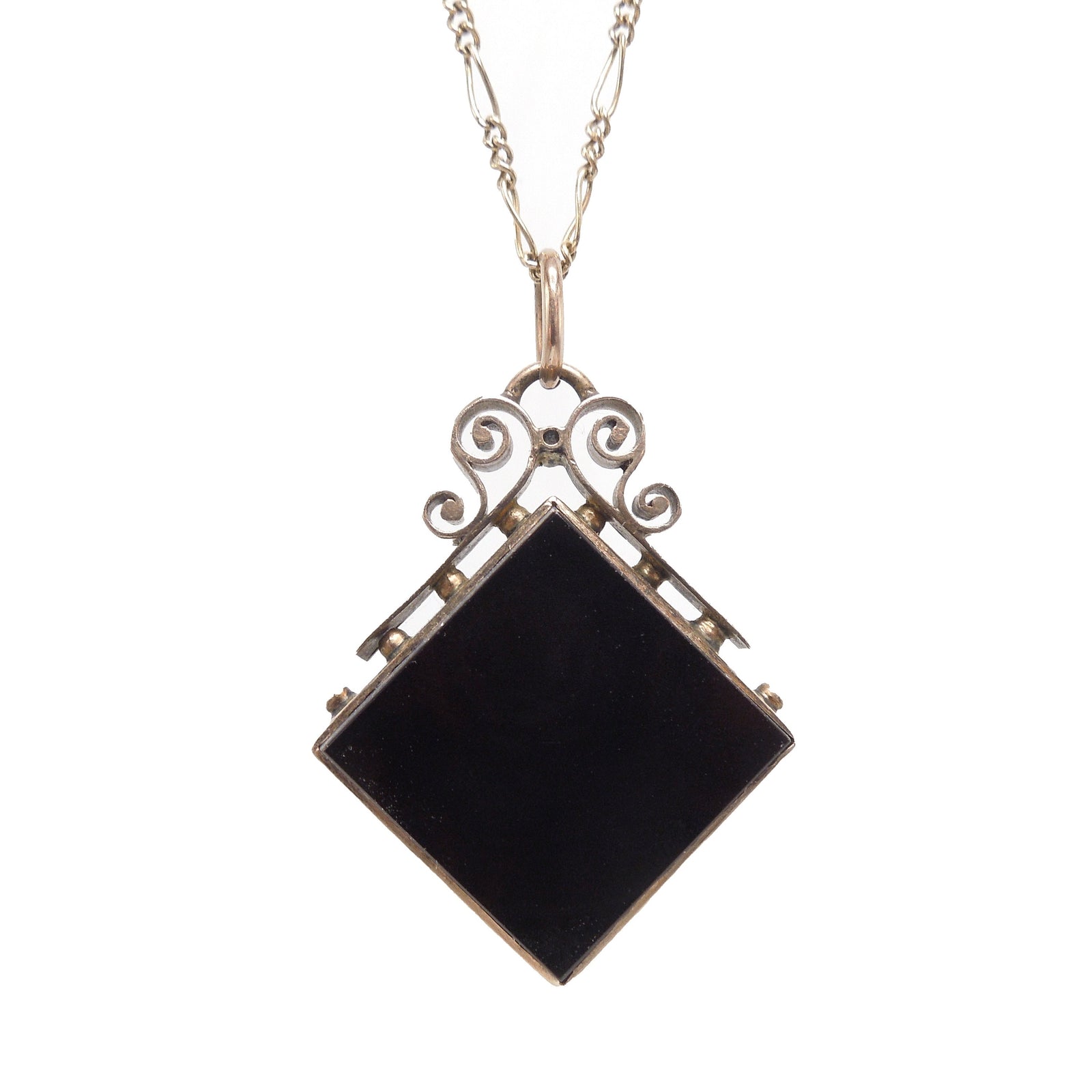 Victorian Carved Onyx Fob Necklace in Yellow Gold Filigree Frame