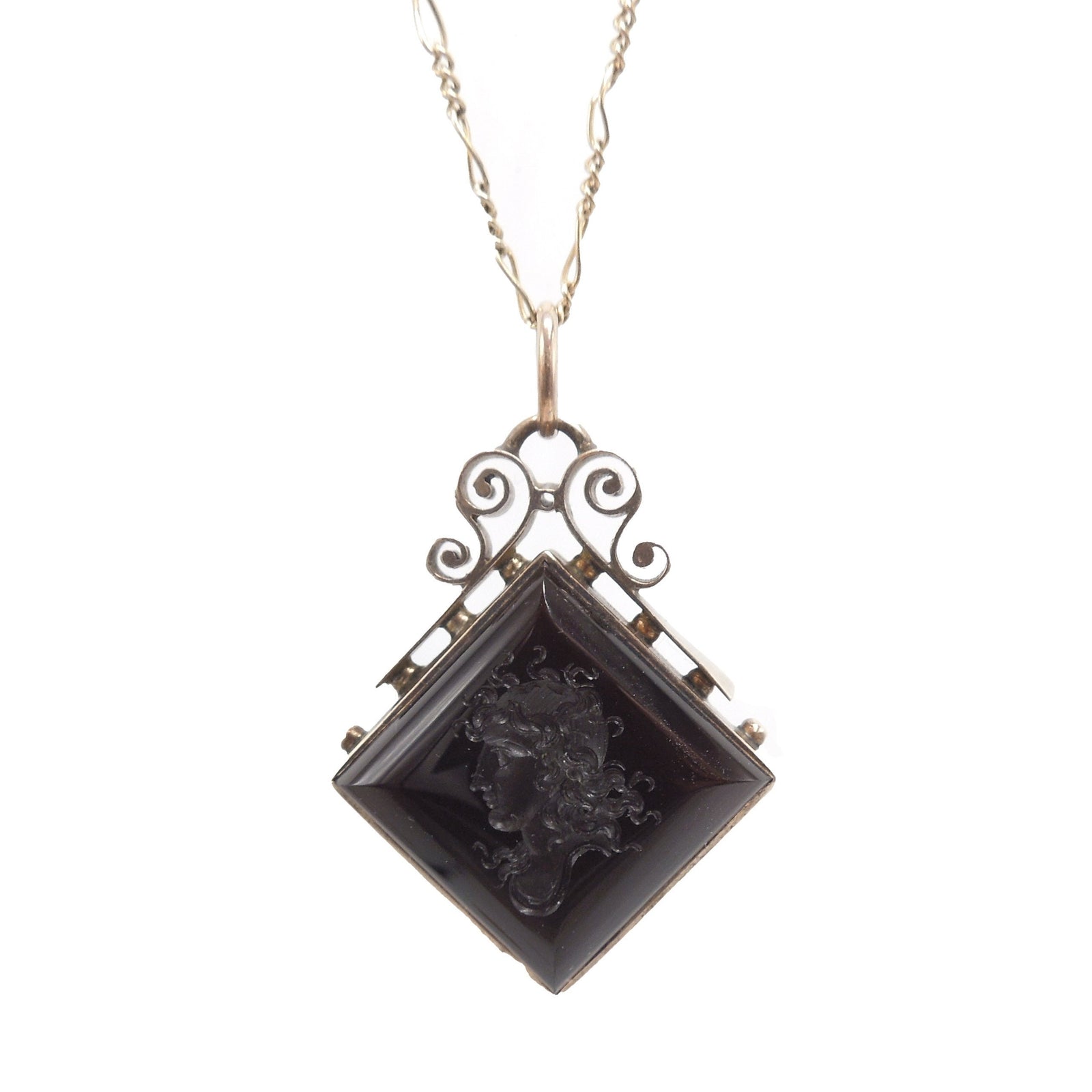 Victorian Carved Onyx Fob Necklace in Yellow Gold Filigree Frame