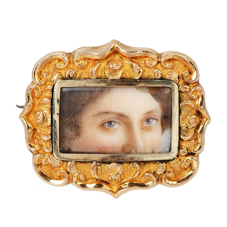 Antique Lover's Eye Painting in 14K Yellow Gold Frame under Beveled Glass