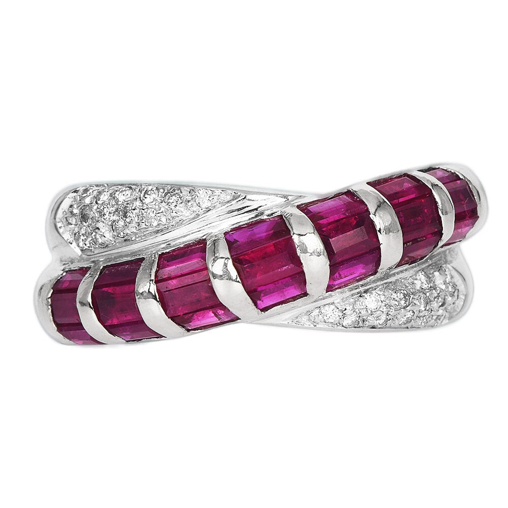 Estate Diamond & Baguette Ruby 14K White Gold Bypass Band