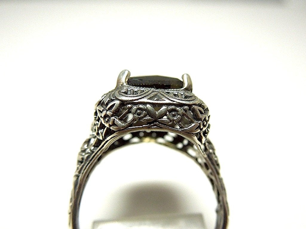 Cushion Cut Green Tourmaline in Filigreed Victorian Style Silver Mounting