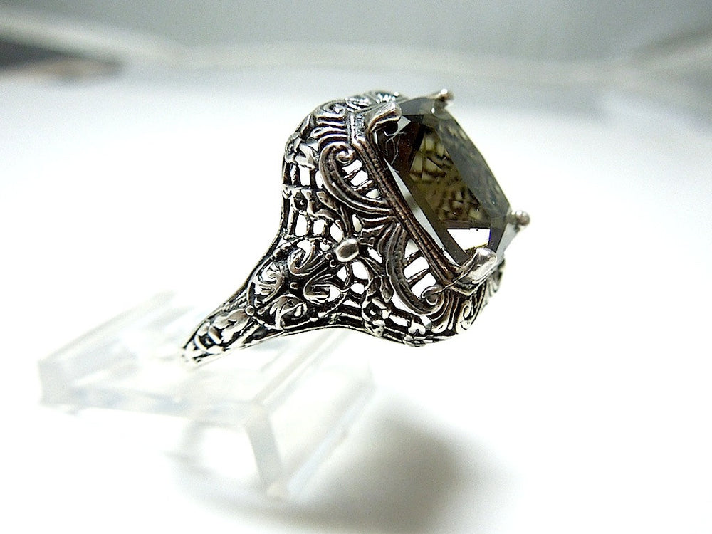 Cushion Cut Green Tourmaline in Filigreed Victorian Style Silver Mounting