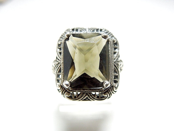 Cushion Cut Green Tourmaline in Filigreed Victorian Style Silver Mounting