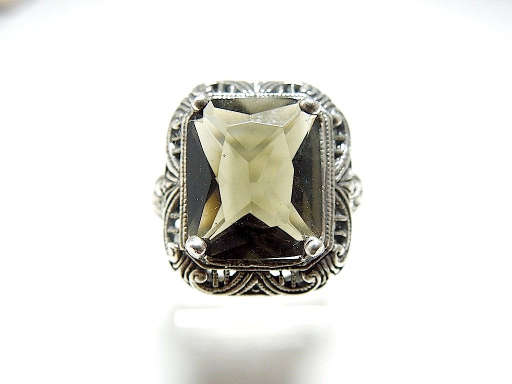 Cushion Cut Green Tourmaline in Filigreed Victorian Style Silver Mounting