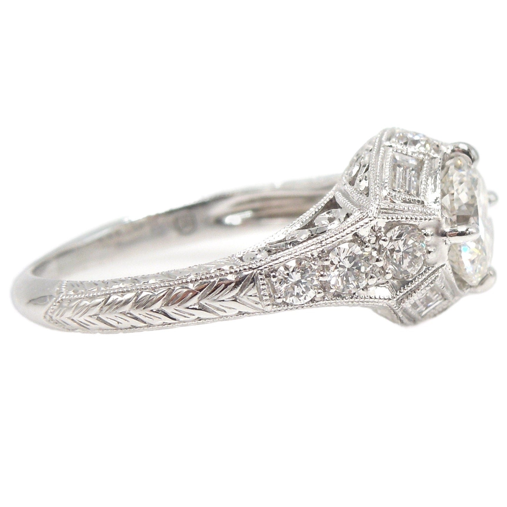 1.09ct Diamond Engagement Ring - Diamond Accented Art Deco Style Mounting - 14K White Gold