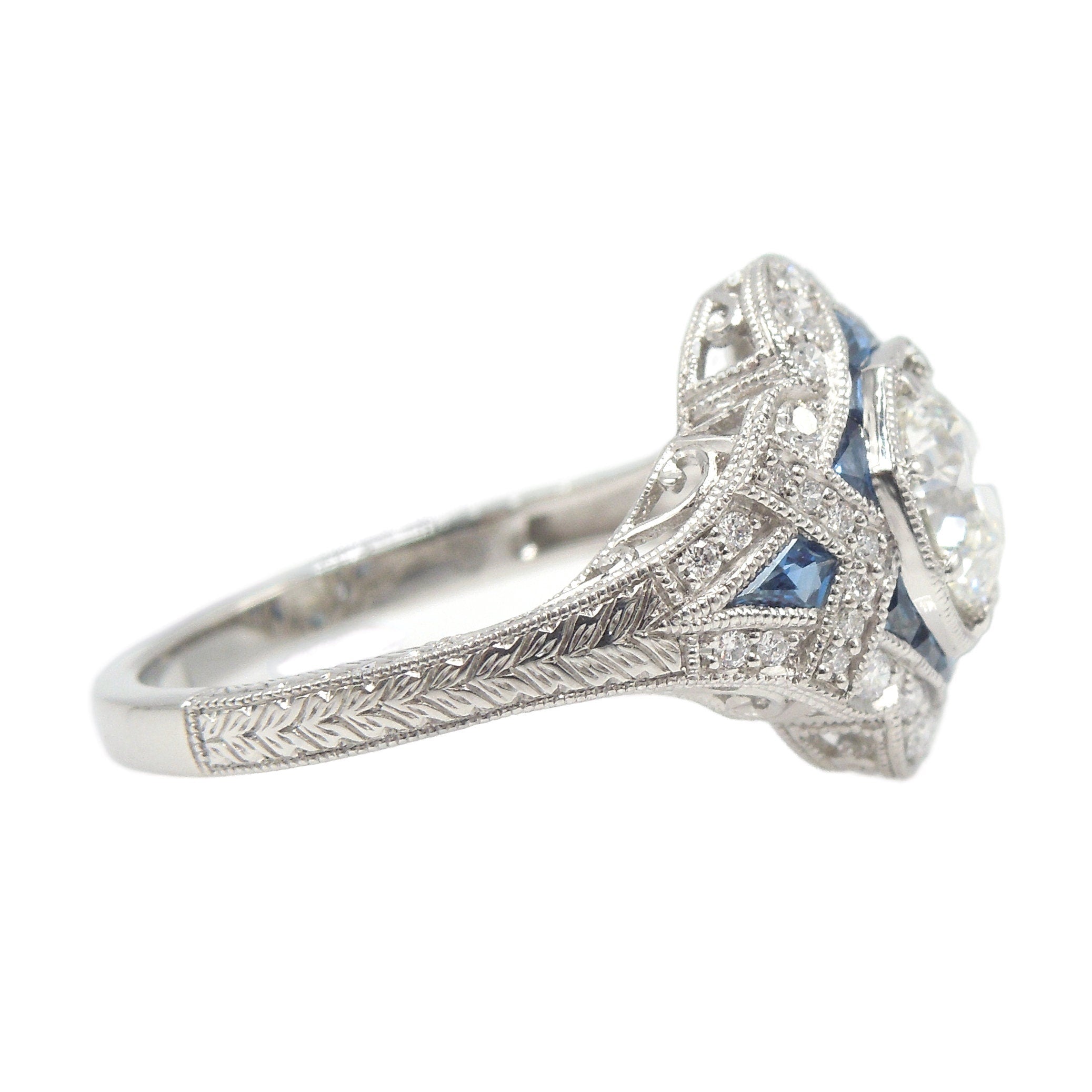 Art Deco Style Platinum, Diamond and French Cut Sapphire Engagement Ring with 1.00 Carat Center Diamond