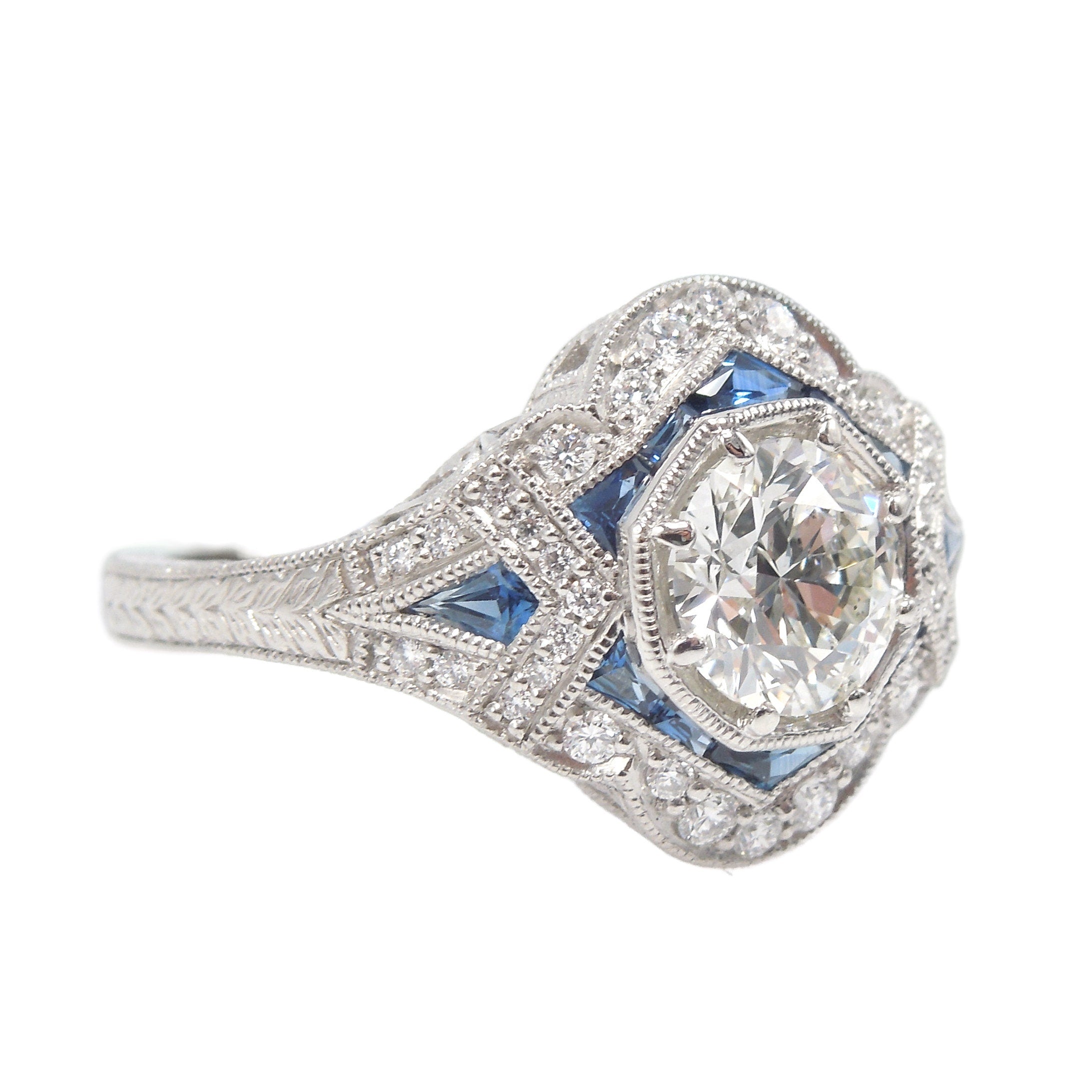 Art Deco Style Platinum, Diamond and French Cut Sapphire Engagement Ring with 1.00 Carat Center Diamond