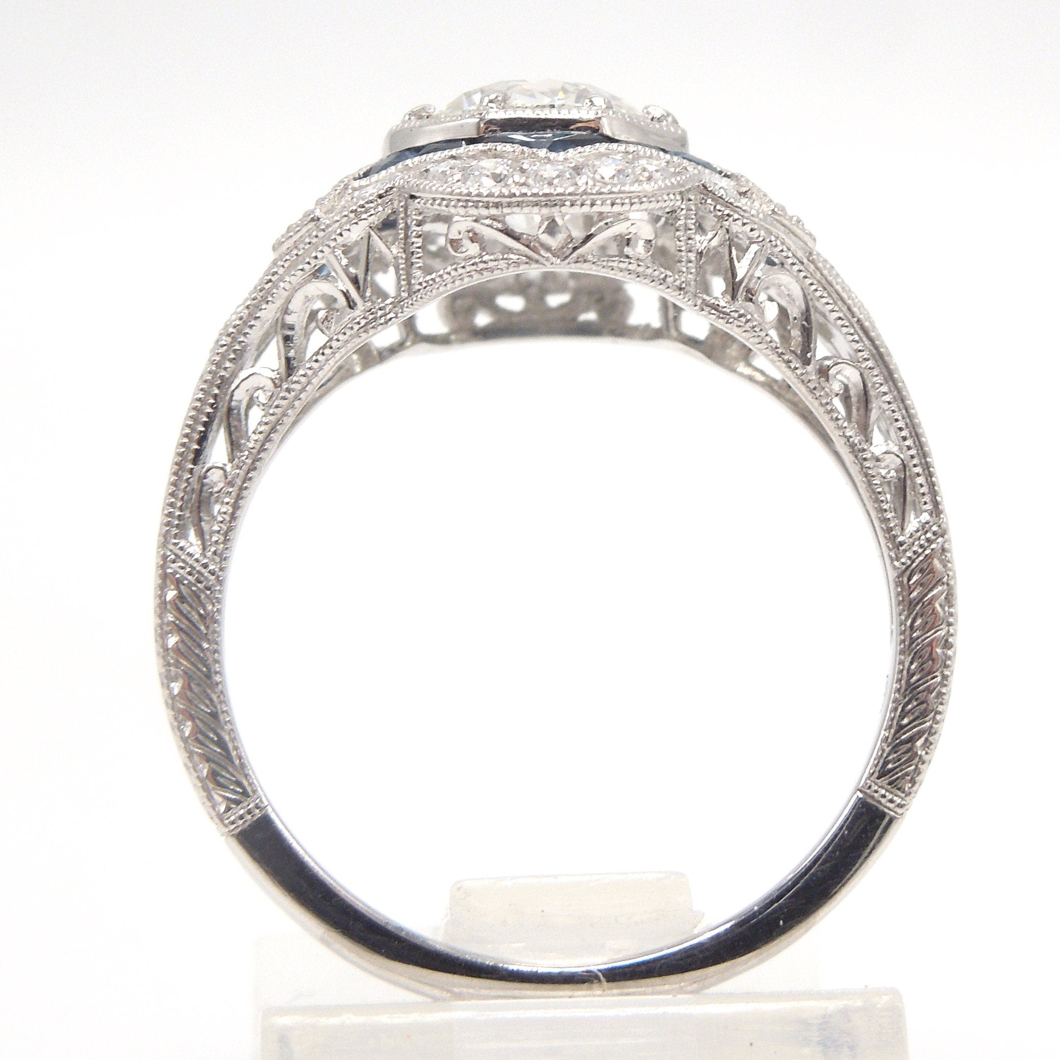 Art Deco Style Platinum, Diamond and French Cut Sapphire Engagement Ring with 1.00 Carat Center Diamond