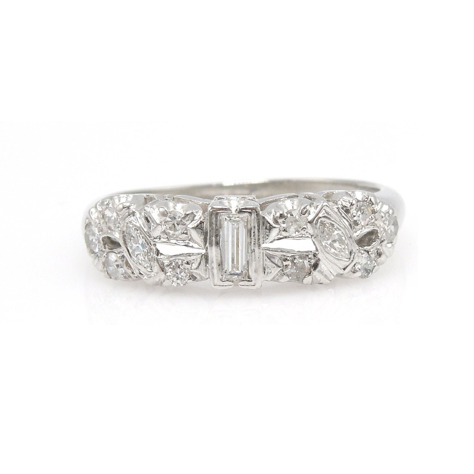 Art Deco Platinum and Diamond Band Ring with Baguette Center Stone