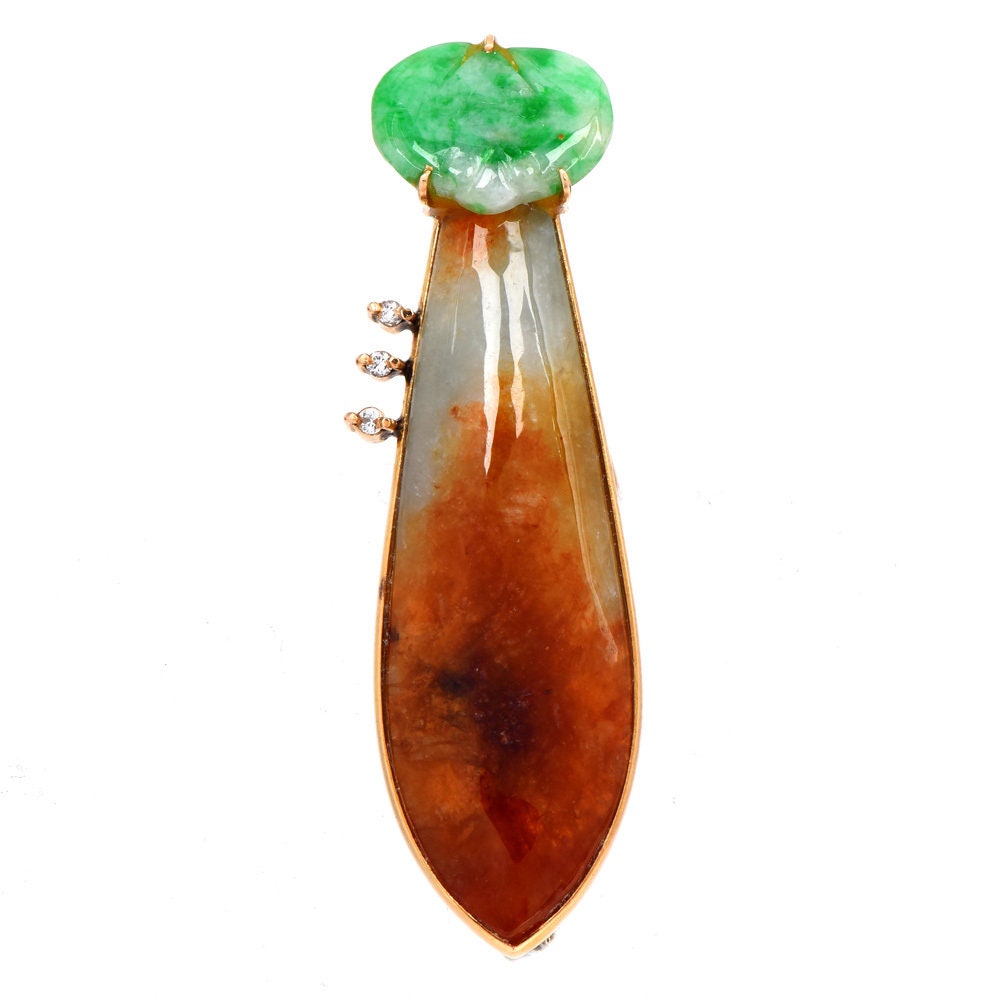 Elongated Brownish-Orange, White, and Green Jade Brooch in Yellow Gold