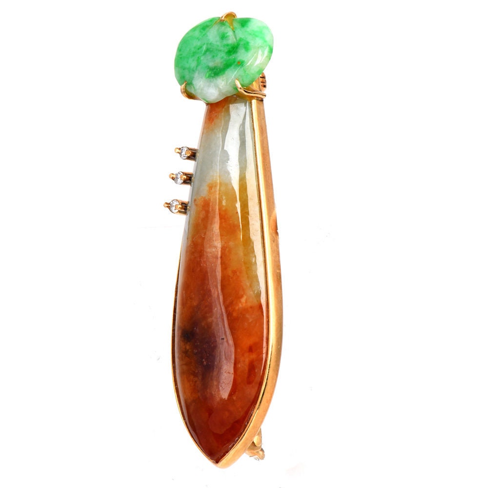 Elongated Brownish-Orange, White, and Green Jade Brooch in Yellow Gold