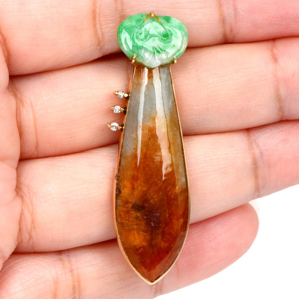 Elongated Brownish-Orange, White, and Green Jade Brooch in Yellow Gold