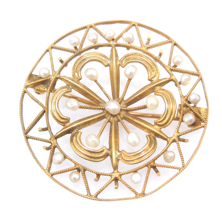 Victorian Rosette and Sun Motif Pearl and Gold Brooch Pendant