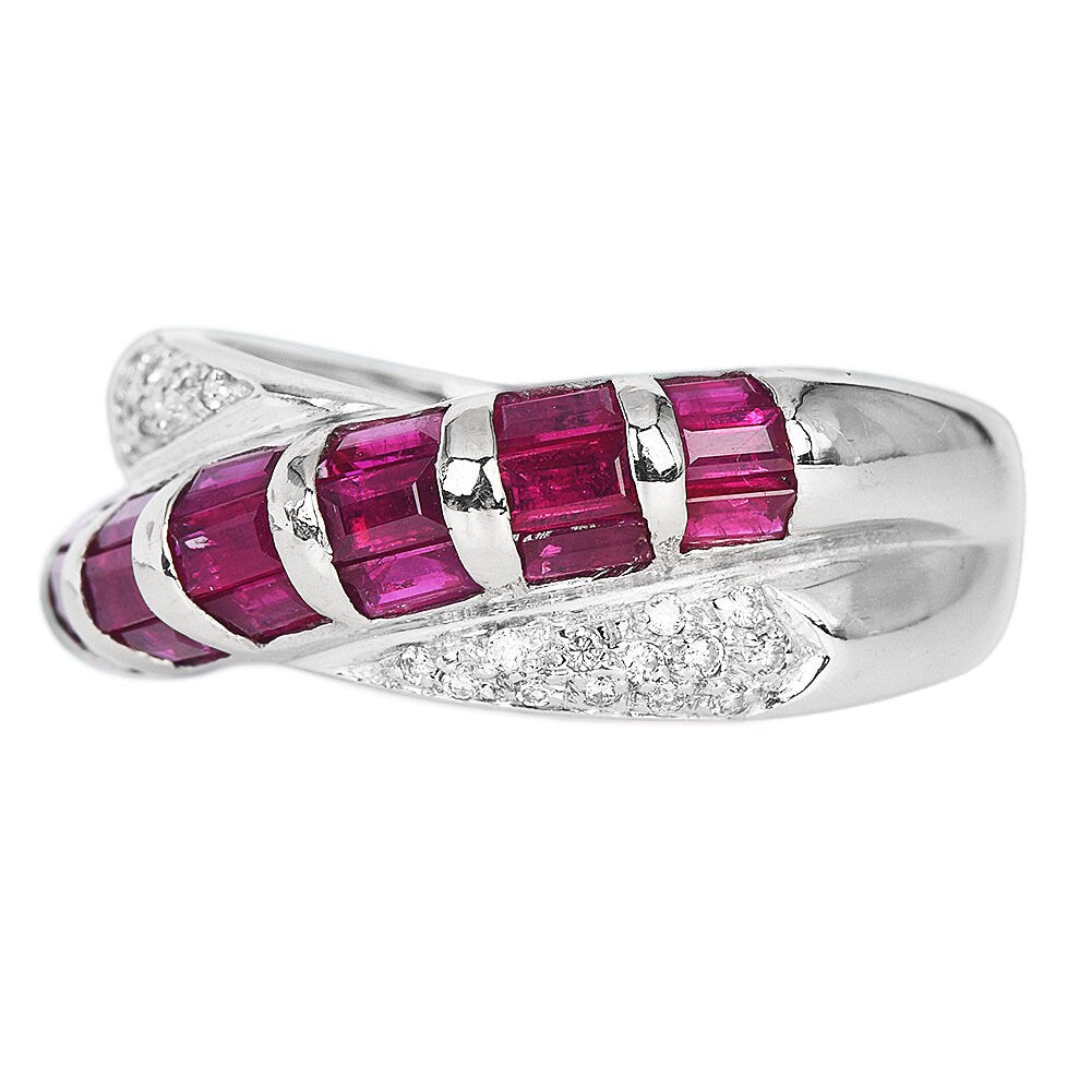 Estate Diamond & Baguette Ruby 14K White Gold Bypass Band