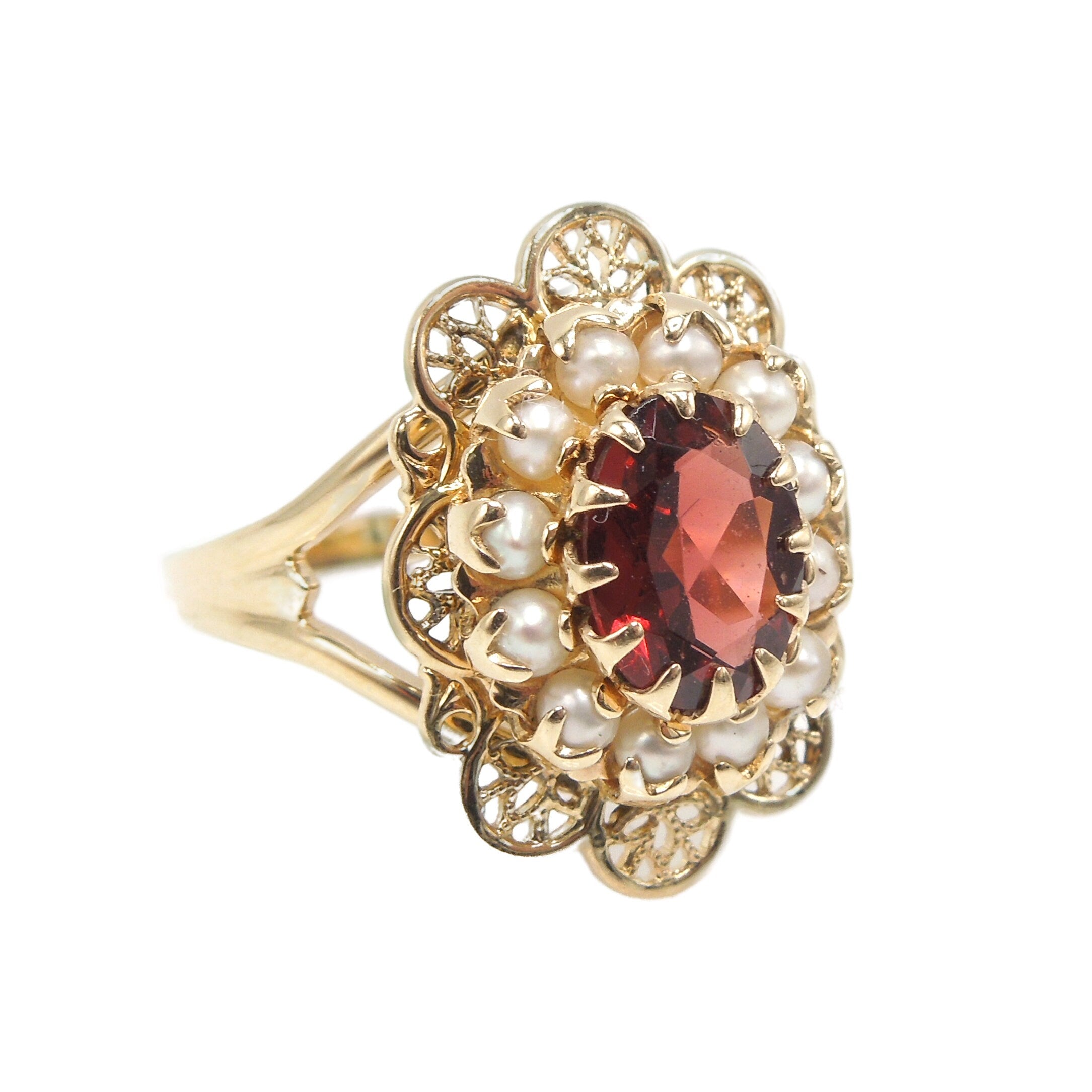 Yellow Gold Oval Garnet and Seed Pearl Split Shank Ring