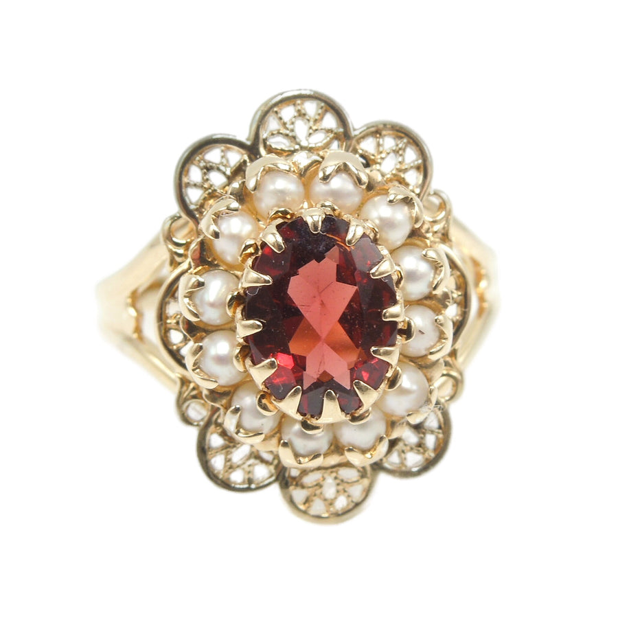 Yellow Gold Oval Garnet and Seed Pearl Split Shank Ring