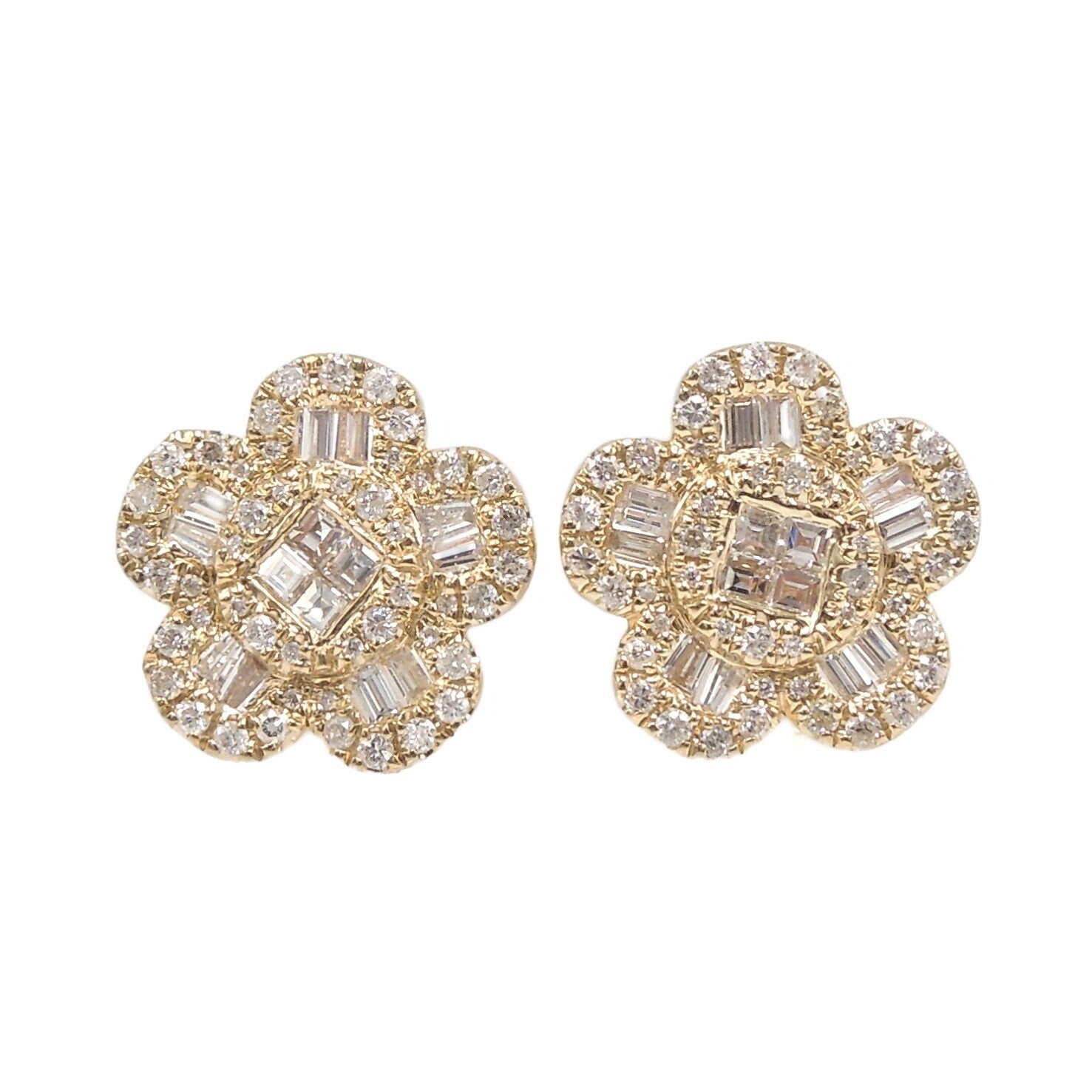 Yellow Gold and Baguette, Round, and Square Diamond Flower Earrings