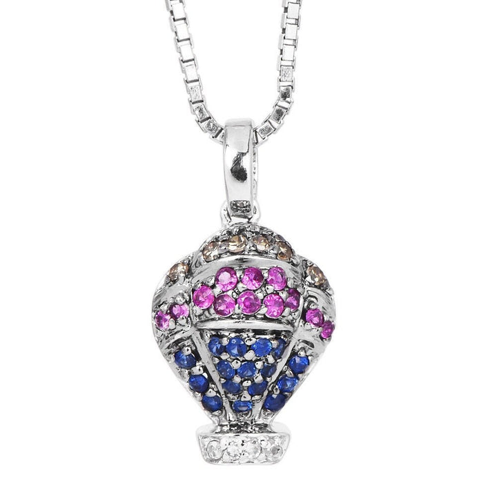 14K White Gold Diamond, Sapphire, and Ruby Hot Air Balloon Pendant