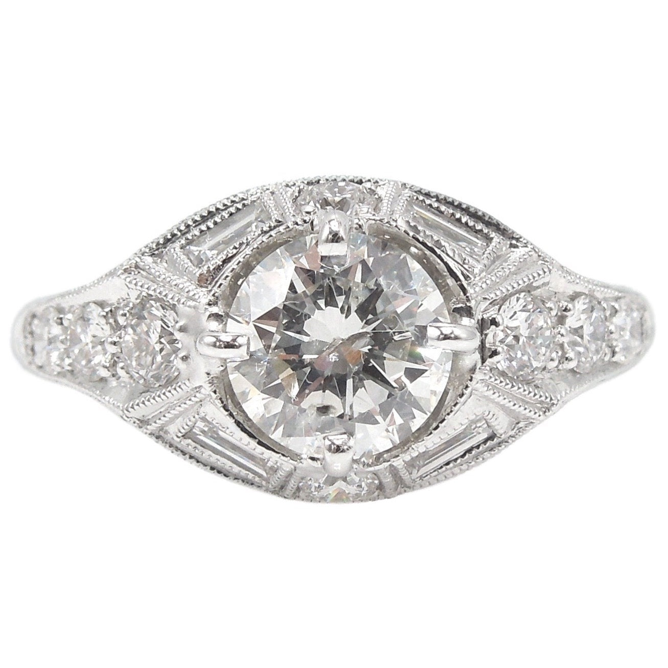 1.09ct Diamond Engagement Ring - Diamond Accented Art Deco Style Mounting - 14K White Gold