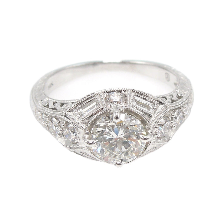1.09ct Diamond Engagement Ring - Diamond Accented Art Deco Style Mounting - 14K White Gold