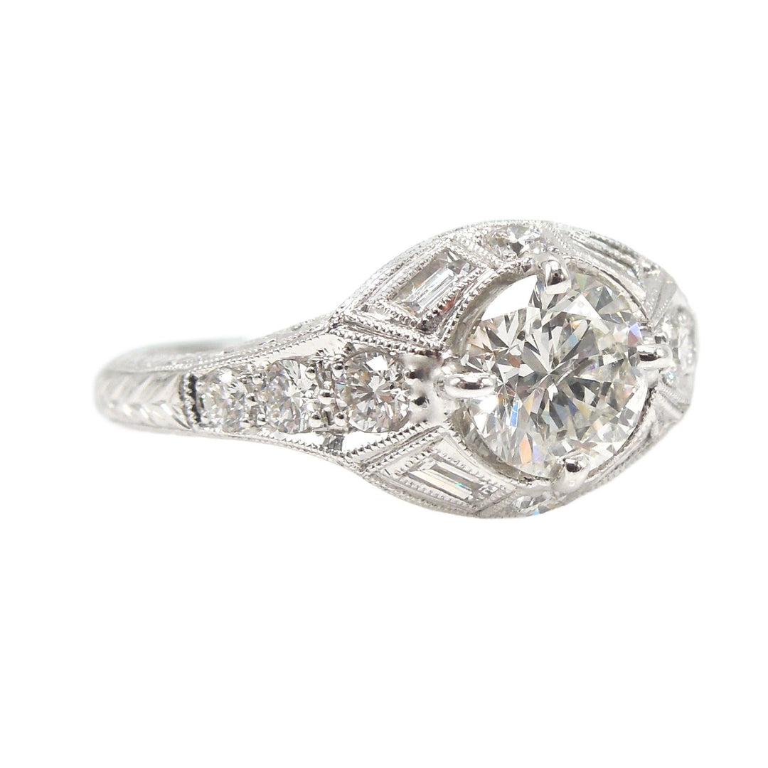 1.09ct Diamond Engagement Ring - Diamond Accented Art Deco Style Mounting - 14K White Gold