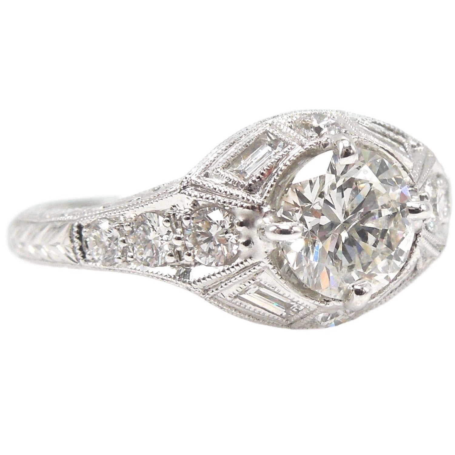 1.09ct Diamond Engagement Ring - Diamond Accented Art Deco Style Mounting - 14K White Gold