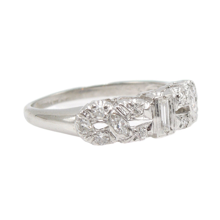 Art Deco Platinum and Diamond Band Ring with Baguette Center Stone