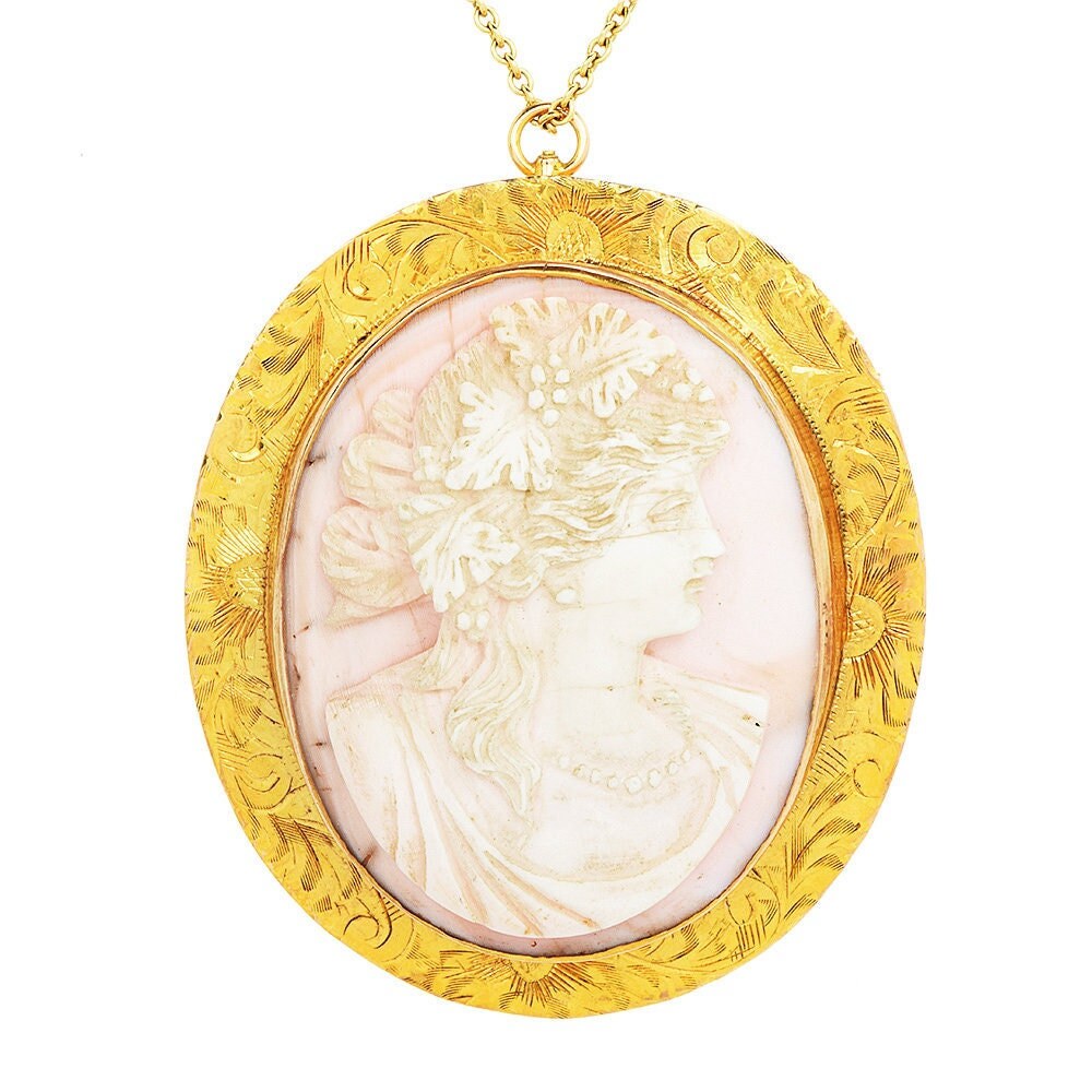 Vintage Angel Skin Coral Lady Portrait Cameo Brooch/Pendant in 10K Yellow Gold