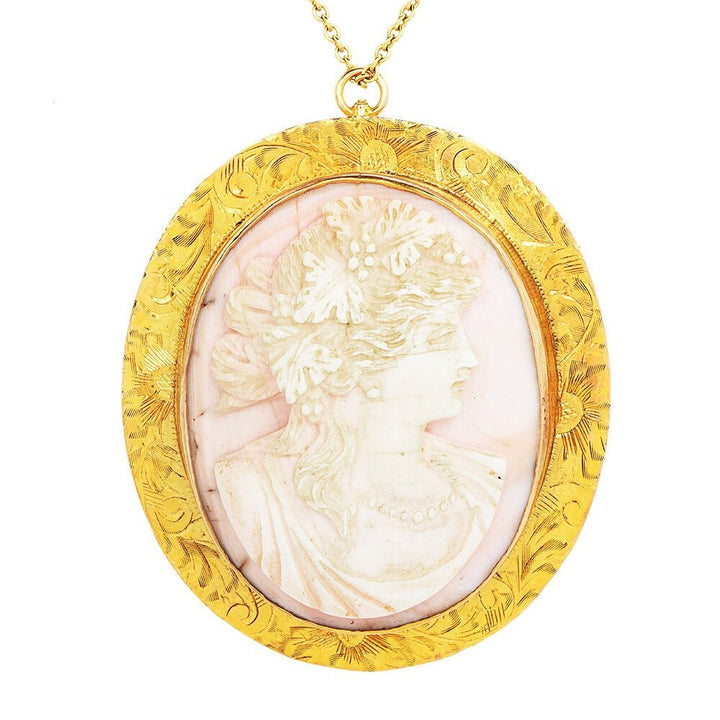 Vintage Angel Skin Coral Lady Portrait Cameo Brooch/Pendant in 10K Yellow Gold