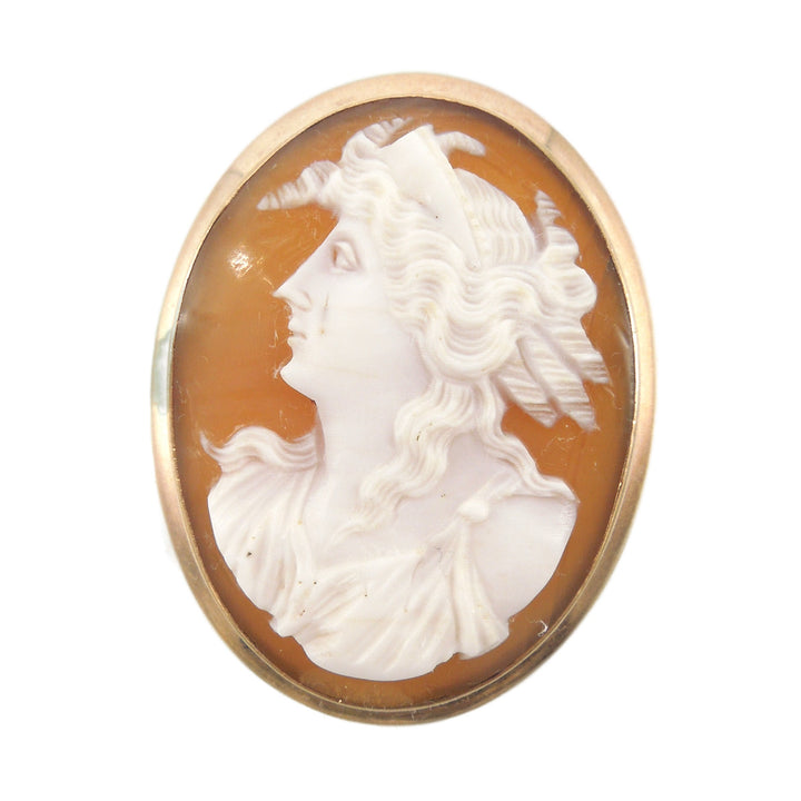 Victorian Yellow Gold and Shell Left Facing Cameo with Portrait of Lady in Tiara