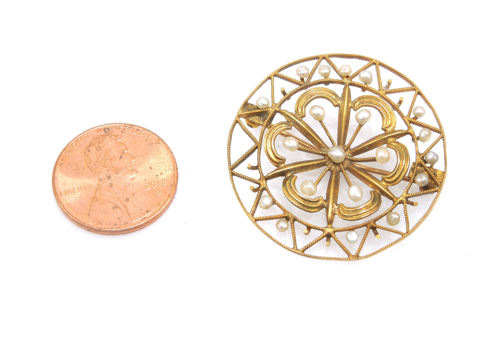 Victorian Rosette and Sun Motif Pearl and Gold Brooch Pendant